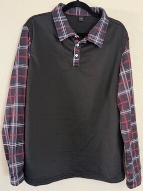 MANFINITY Black Long-Sleeve Polo with Red and Gray Plaid Accents Mens Size L